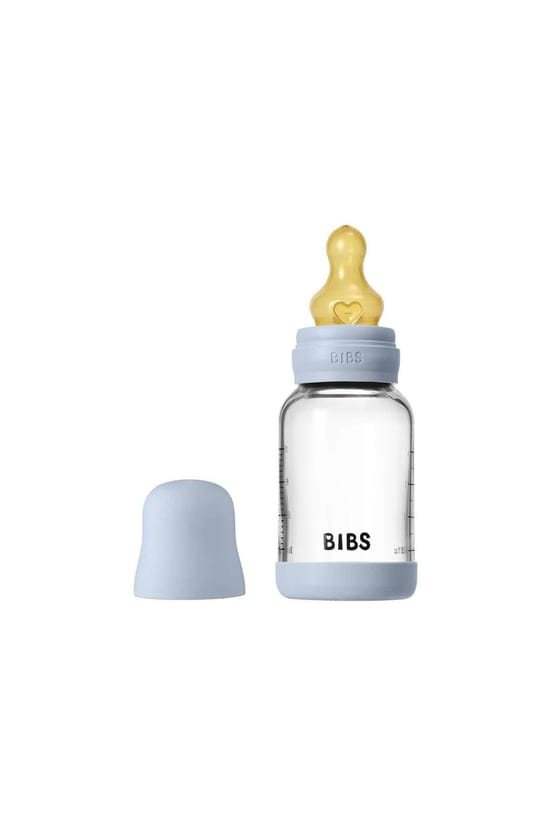 Bibs Biberon en verre rond avec tétine en latex à débit lent 120ml – Baby blue