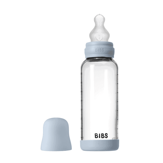 Bibs Biberon en verre rond avec tétine en silicone débit moyen 240ml – Baby blue