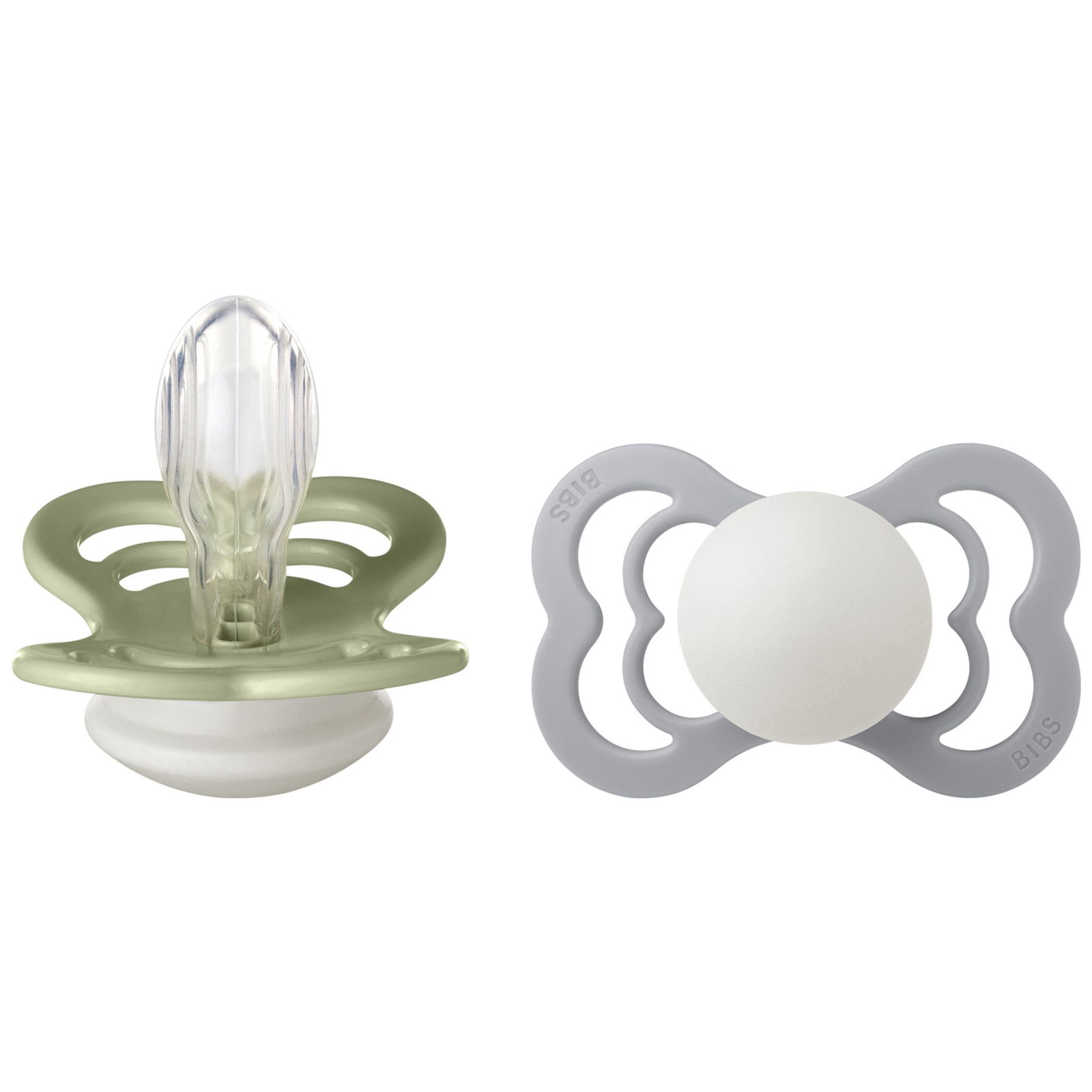 Bibs Lot de 2 Sucettes Supreme Symétrique Silicone Glow Sage / Cloud 6-18 mois