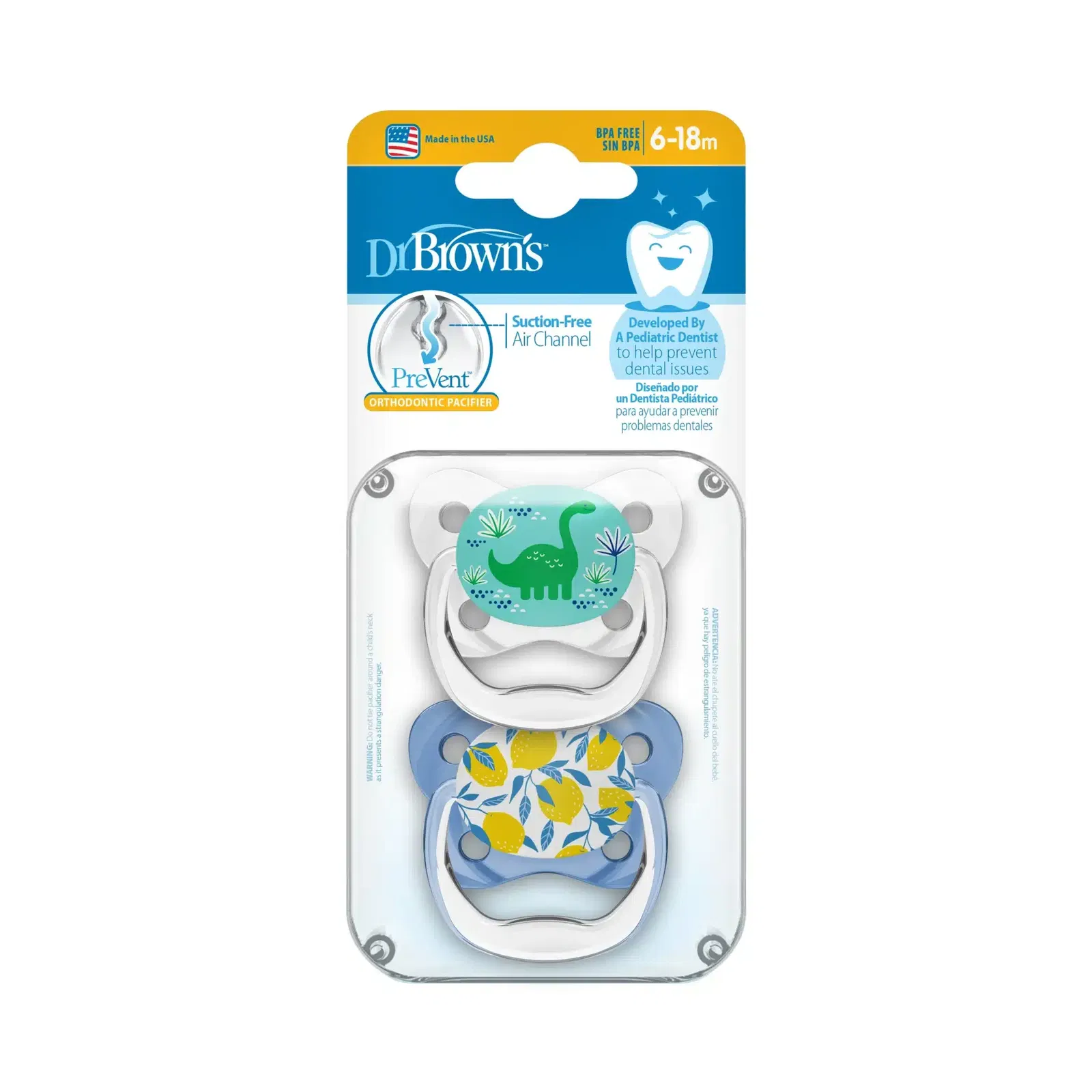 Dr.Brown’s Lot de 2 sucettes PreVent Dinosaure/Lemon 6-18mois