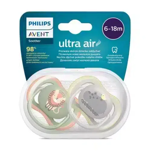 Philips Avent Lot de 2 sucettes ultra AIR 6-18 mois Lion-Hippo