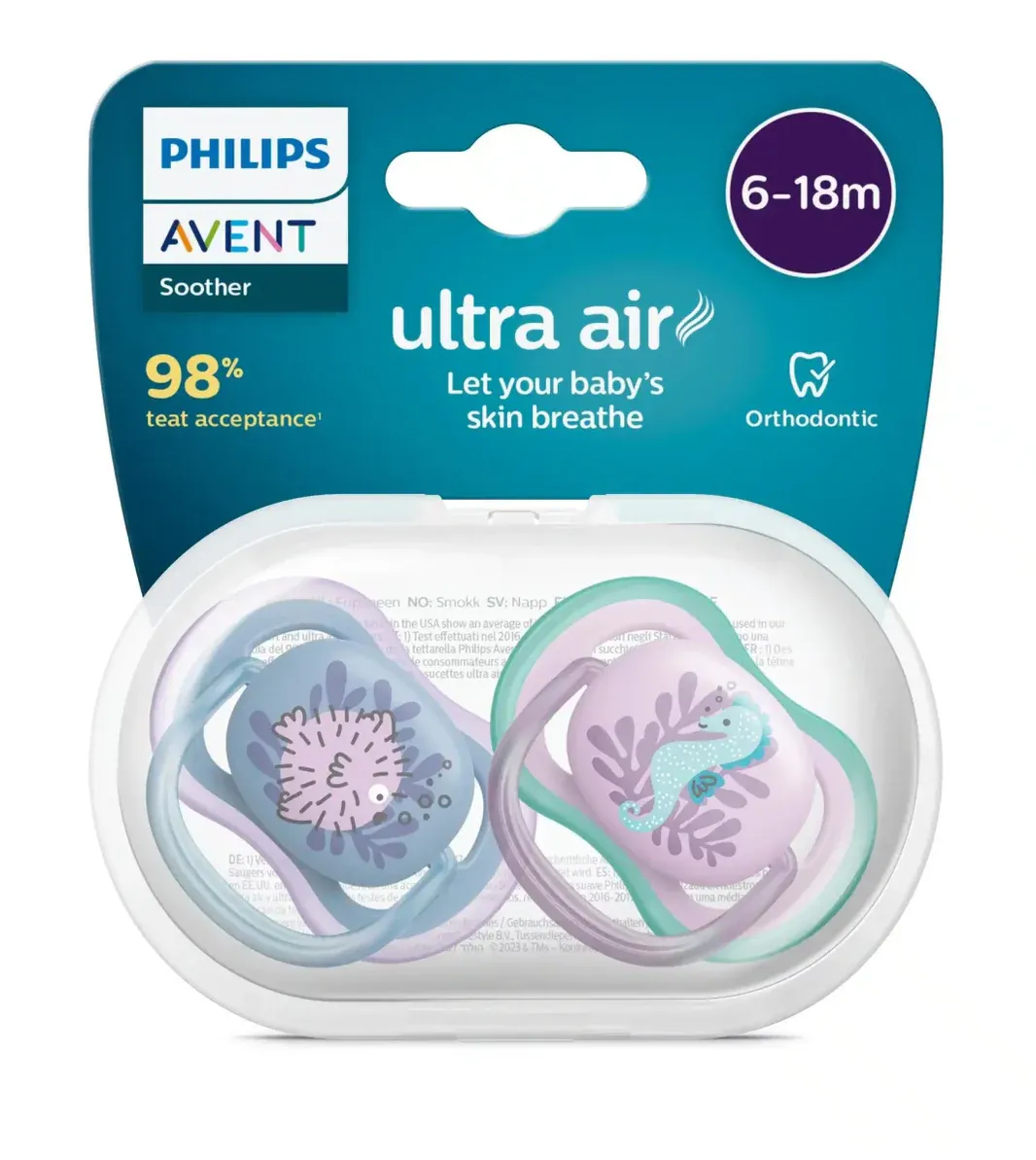 Philips Avent Lot de 2 sucettes ultra AIR 6-18 mois sea animals Mix violet