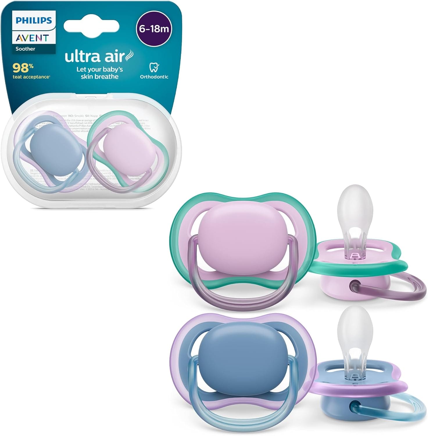 Philips Avent Sucettes Ultra Air 6-18 mois Bleu et Violet