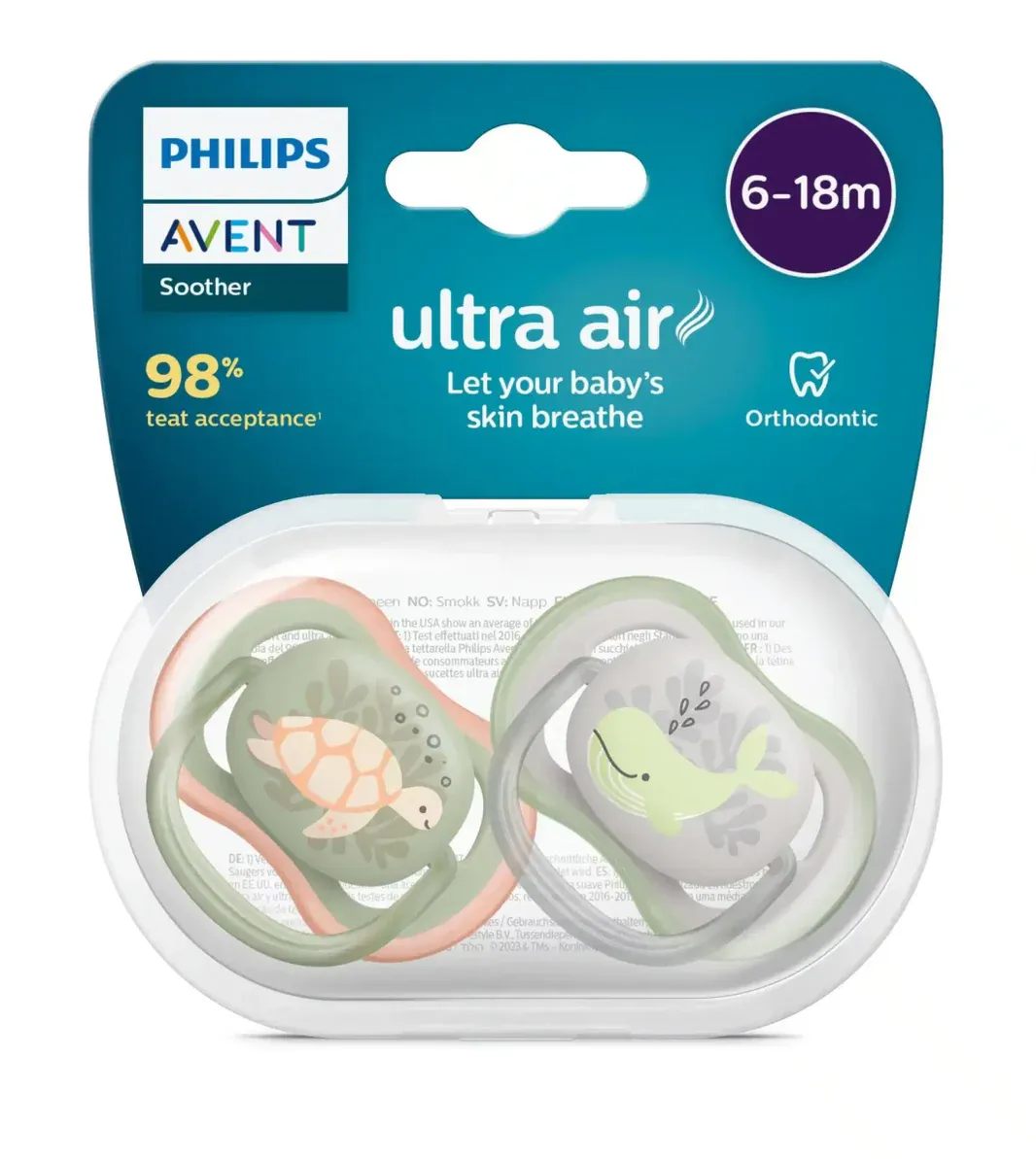 Philips Avent Lot de 2 sucettes ultra air 6-18 mois sea animals Mix