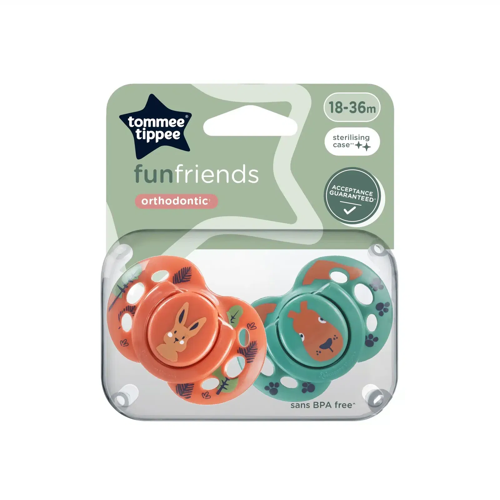 Tommee Tippee Lot de 2 Sucettes Fun Friends Orthodontic 18-36m vert et orange