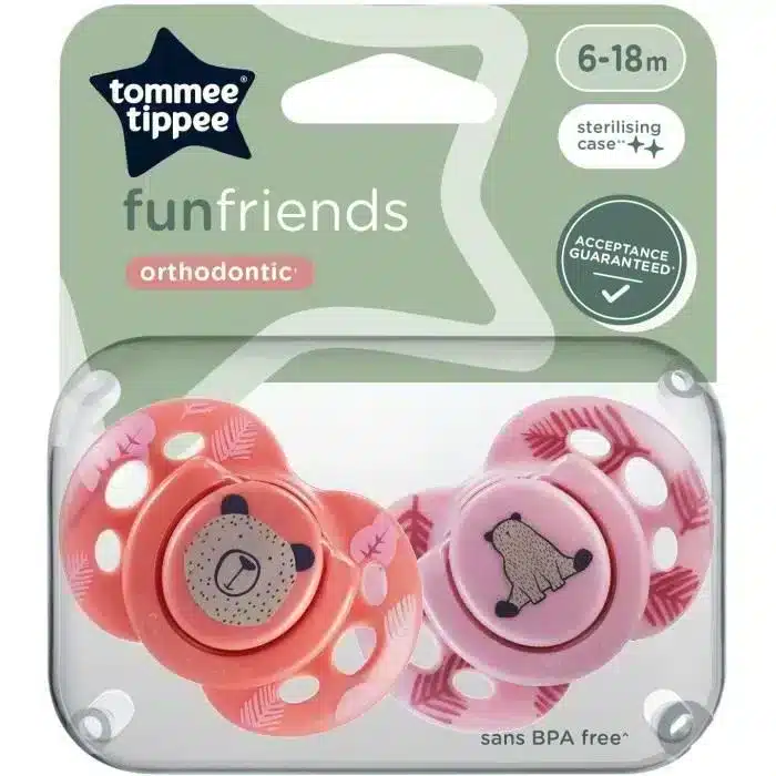 Tommee Tippee Lot de 2 sucettes Fun friends orthodontic 6-18m Rose