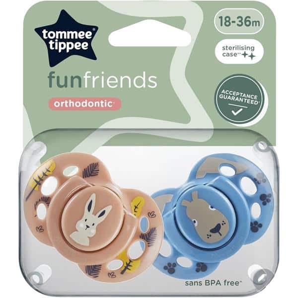 Tommee Tippee Lot de 2 Sucettes Fun time Orthodontic 18-36m Bleu Marron