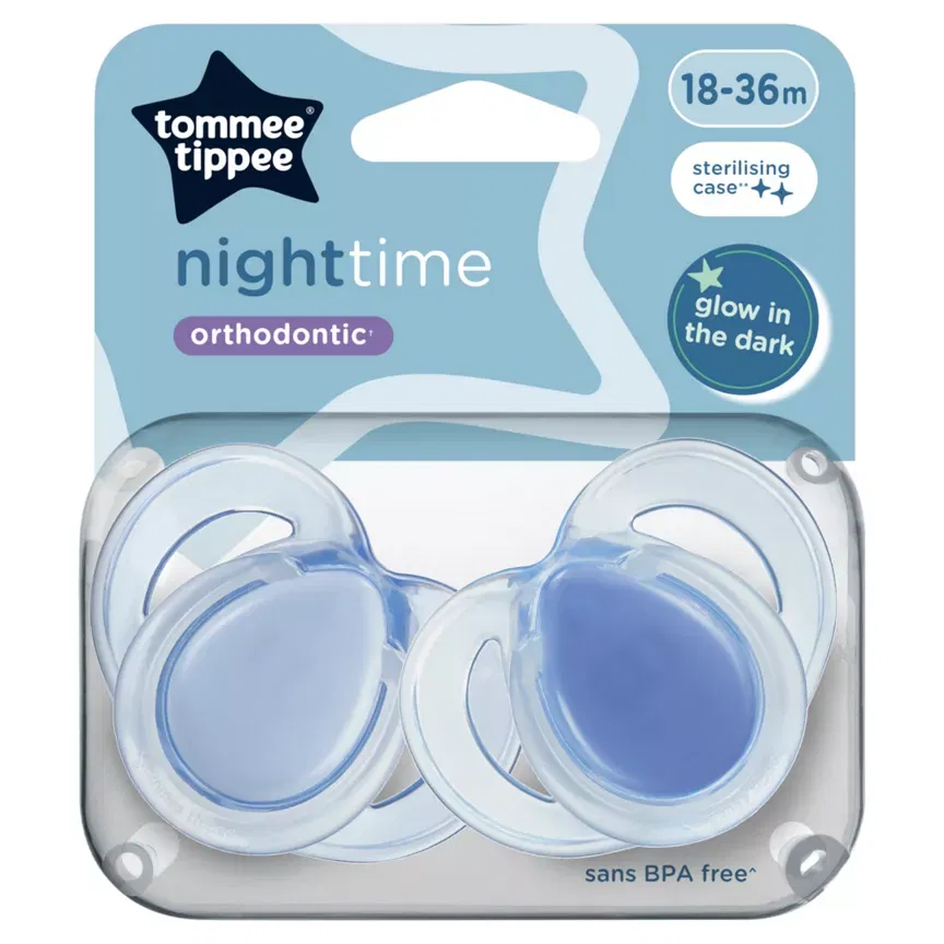 Tommee Tippee Lot de 2 sucettes Nightime Orthodontic 18–36 mois Bleu