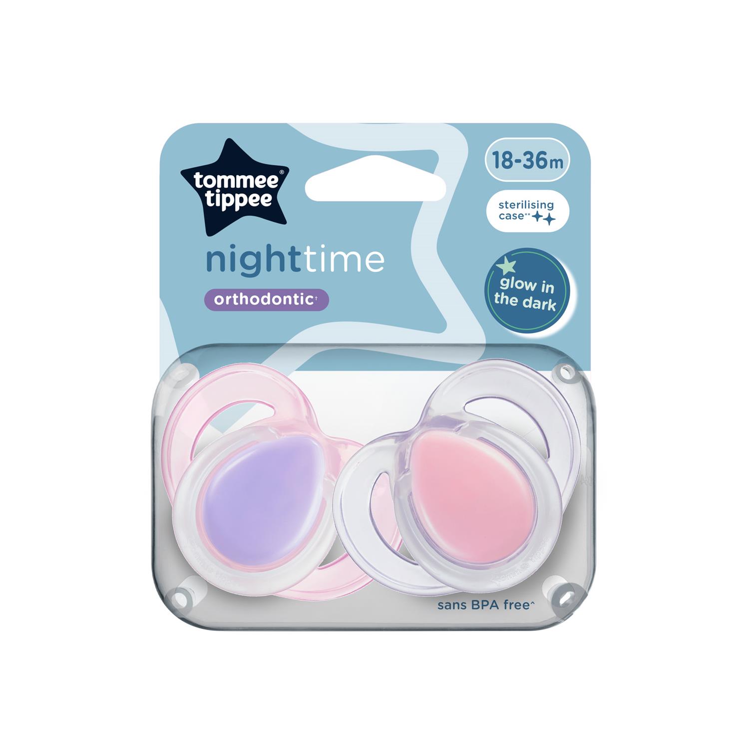 Tommee Tippee Lot de 2 sucettes Nightime orthodontic 18-36m Rose
