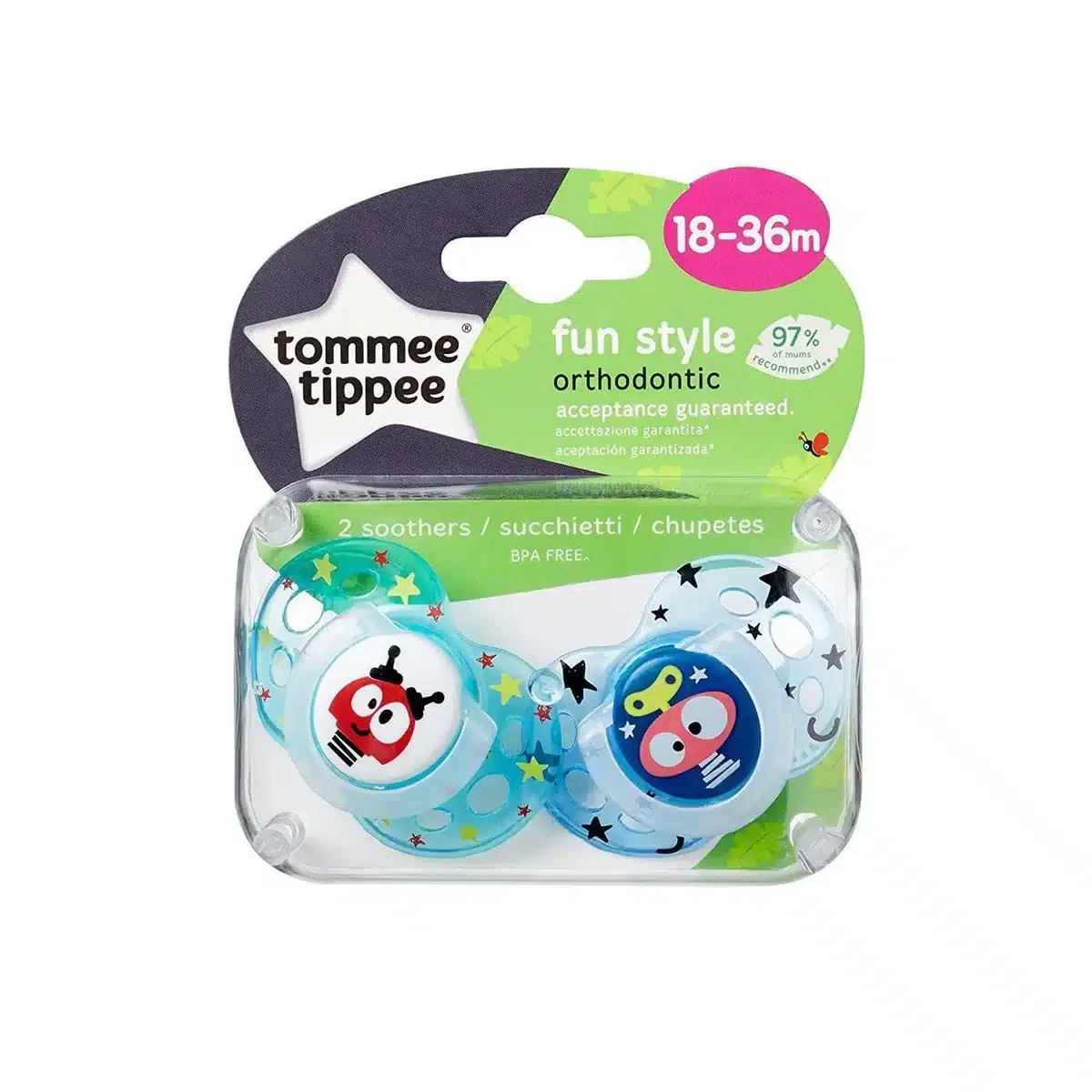 Tommee Tippee Lot de 2 sucettes Fun Style 18–36 mois Bleu