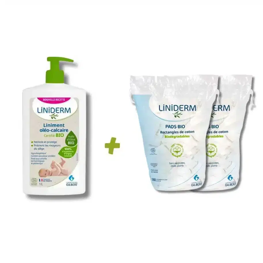 Pack de Change Gilbert : Liniment Liniderm Oléo-Calcaire 1L + 2 Coton Pads Bio 180 rectangles