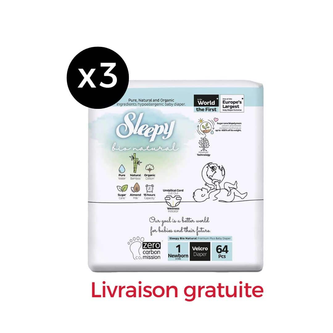 Pack X 3 Sleepy Bio Natural Couches Taille 1 – 2-5KG – 192 Unités