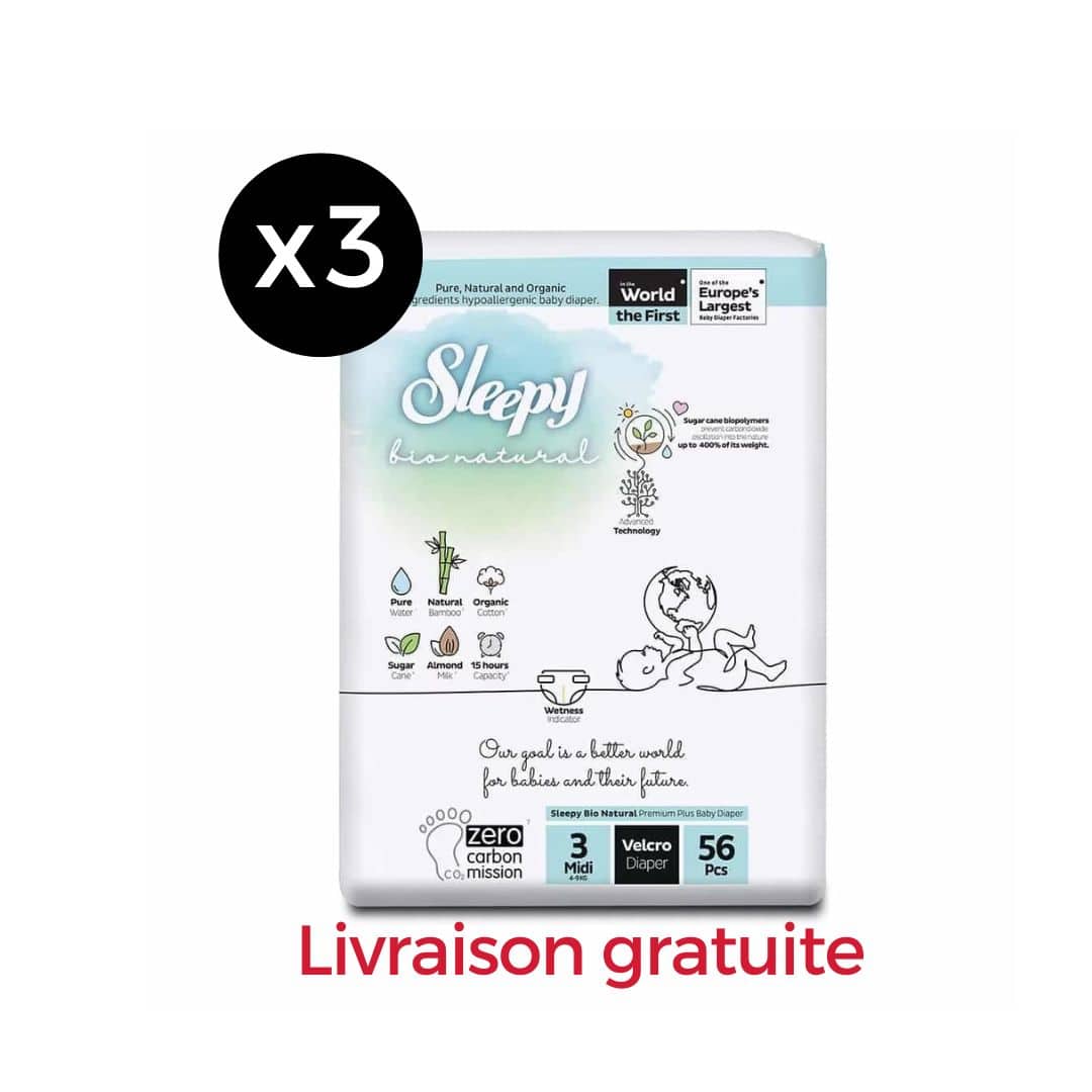 Pack X 3 Sleepy Bio Natural Couches Taille 3 – 5-10KG – 56 Unités