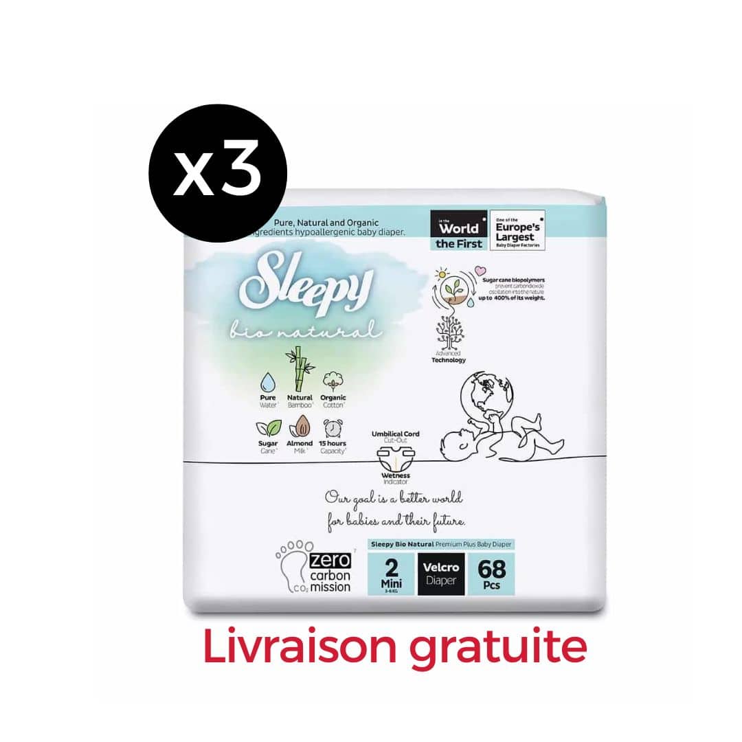 Pack X 3 Sleepy Couches BIO natural Jumbo Taille 2 – 3-6KG – 68 Unités
