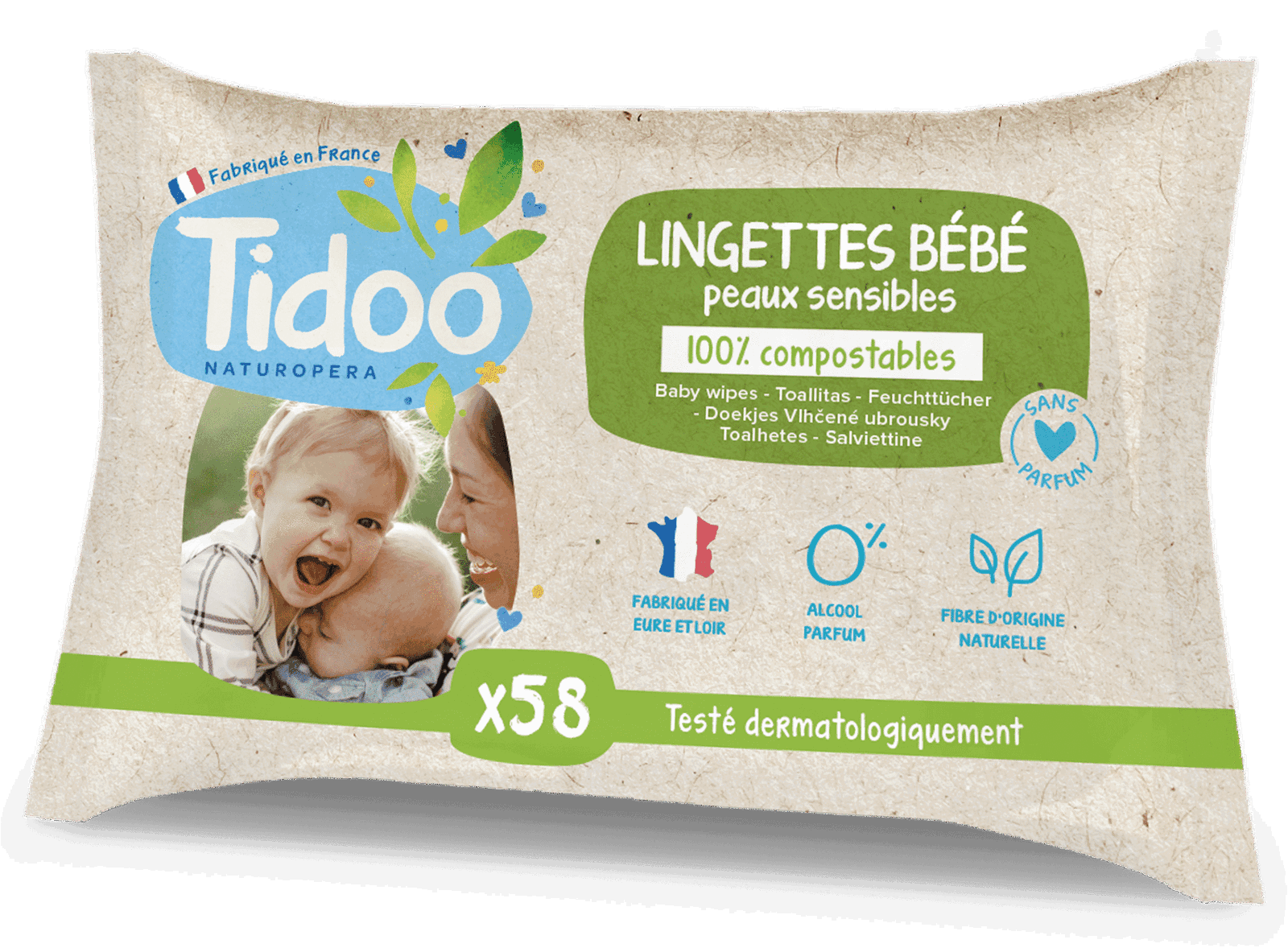 Tidoo Lingettes sans Parfum au Calendula 58 unités
