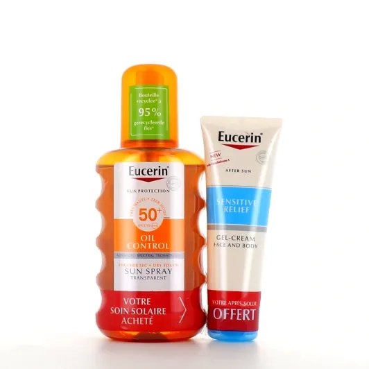 Eucerin Sun Spray Oil Control Transparent SPF 50+ 200 ml + After‑Sun Sensitive Relief 50 ml offert