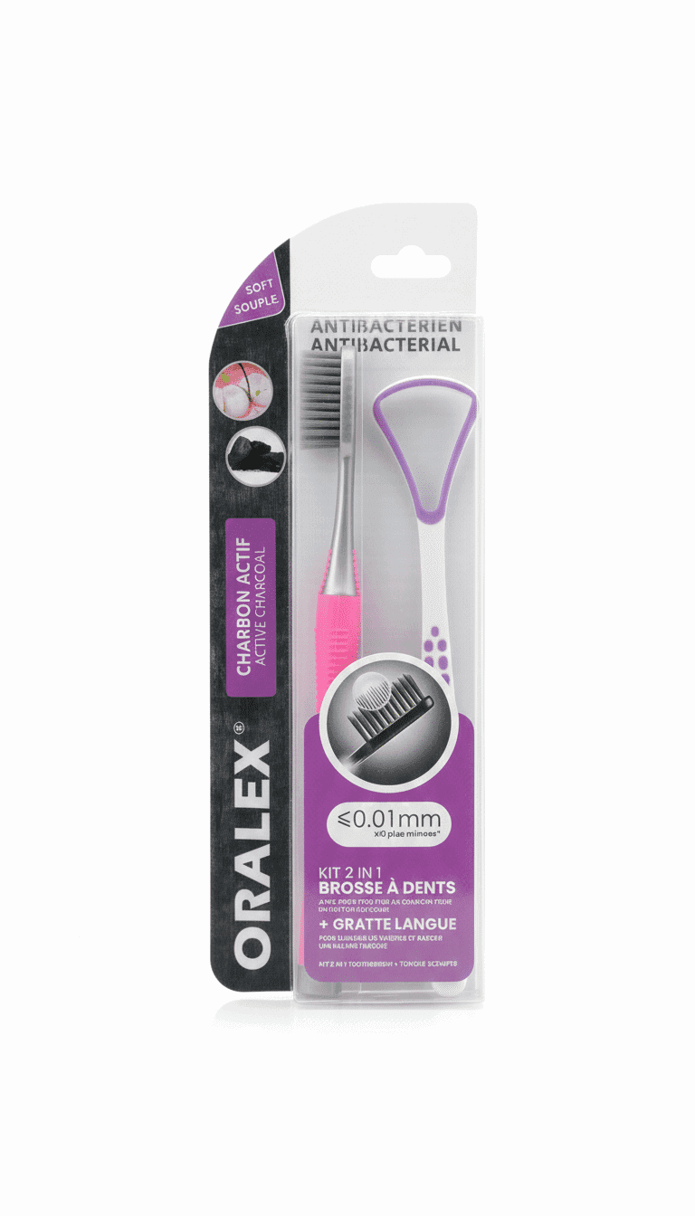 Oralex Kit 2in1 Brosse à Dents (Rose) + Gratte Langue Antibactérien