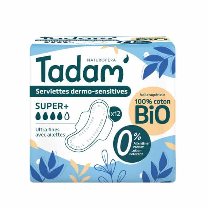 Tadam Serviettes hygiéniques sensitives avec ailettes 100% coton bio Super+