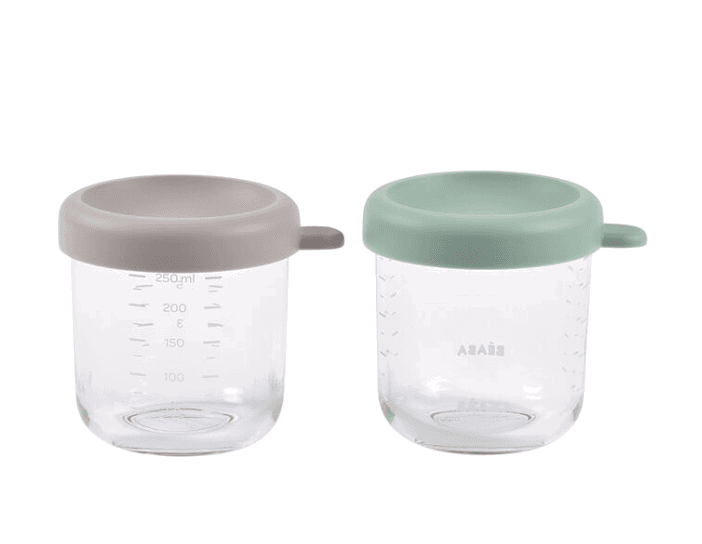 Beaba Lot de 2 pots de conservation en verre 250 ml Vert et Gris