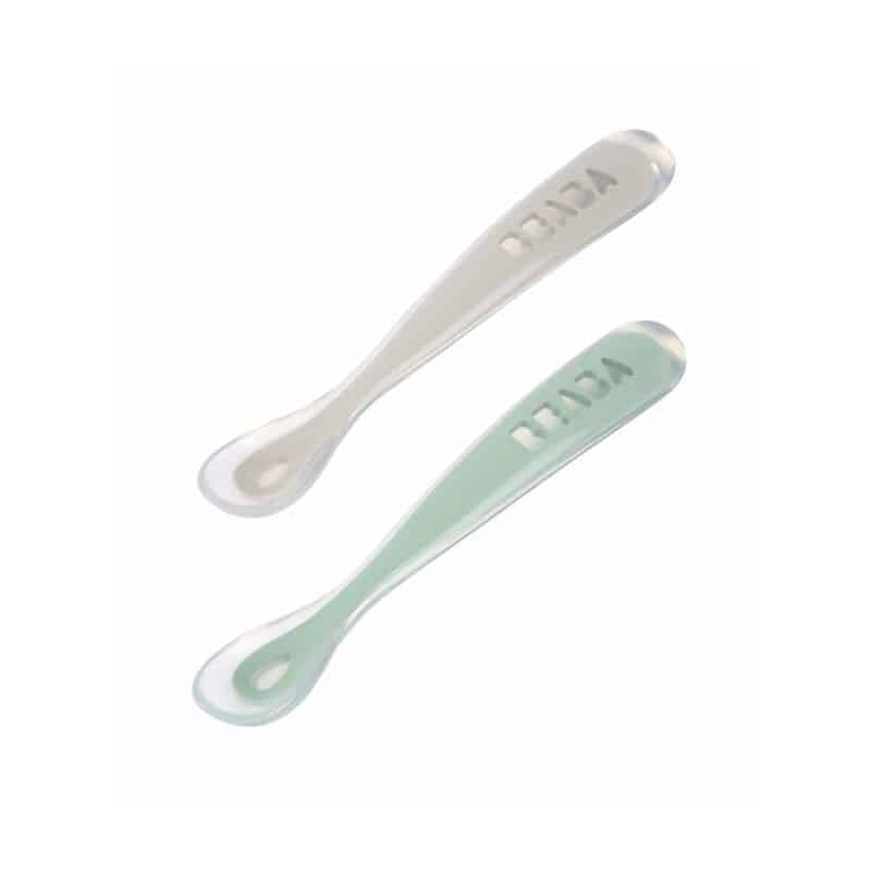Beaba Lot 2 cuillères 1er âge silicone avec Étui  – Vert Sauge / Gris Velours