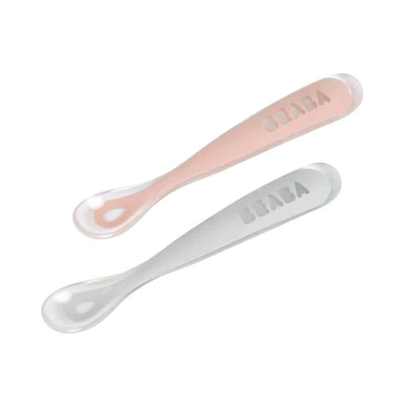 Beaba Lot 2 cuillères 1er âge silicone avec Étui  – Rose/Gris