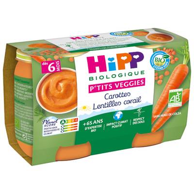 Hipp 2 Pot Bébé Carottes Lentilles Corail Bio +6mois