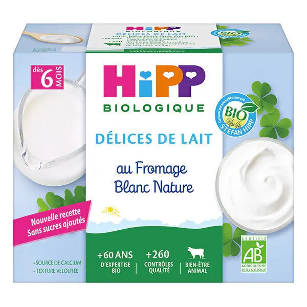 Hipp Délices de Lait Fromage Blanc Nature Bio dès 6 mois 4x100g