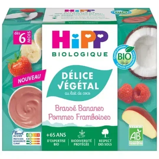Hipp Délice Végétal Lait de Coco Bananes Pommes Framboises dès 6 mois 4x100g