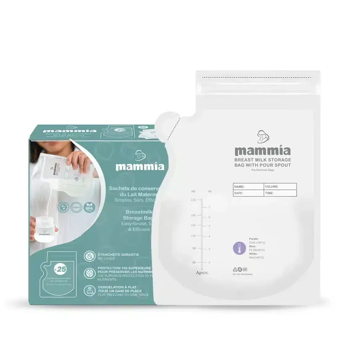 Mammia Sachets de conservation du Lait Maternel 25 unités Pre Sterilises 220ml
