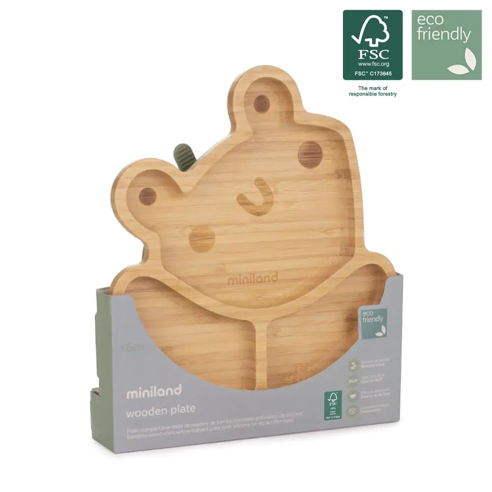 Miniland Assiette en bois Bambou grenouille avec ventouse