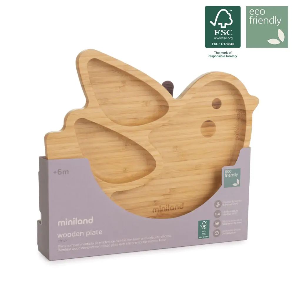 Miniland Assiette en bois Bambou oiseau avec ventouse