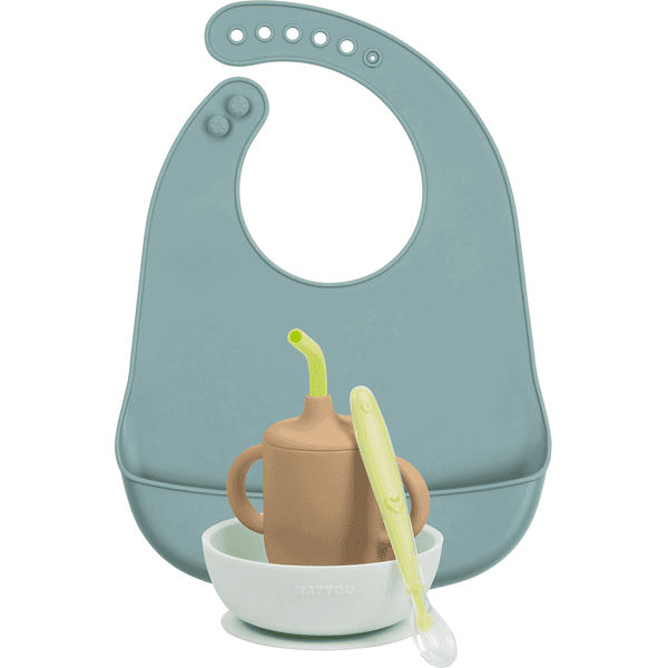 Nattou Set d’apprentissage du repas 4 pièces avec bavoir en silicone en vert