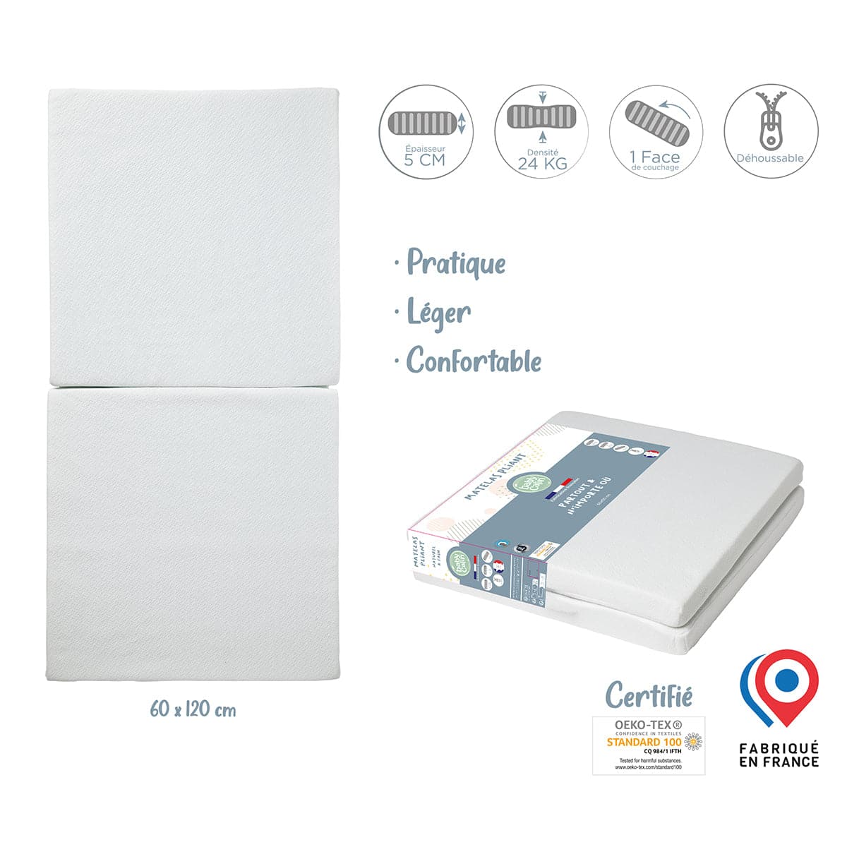 Babycalin Matelas bébé pliant d’appoint – 60×120 cm