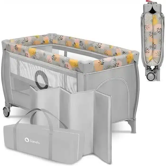 Lionelo Stefi Plus Pink Yellow – Lit de Voyage 2 niveaux avec matelas T25 2cm inclus