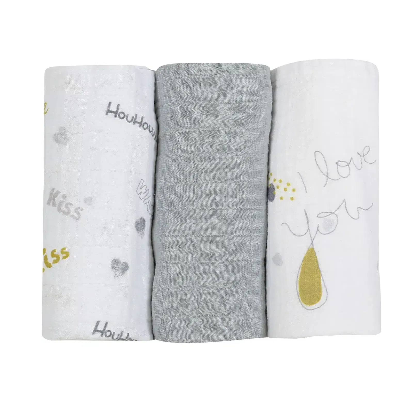 Trois Kilos Sept Lot de 3 langes I love you multicolore en masseline 100% coton 70×70 cm