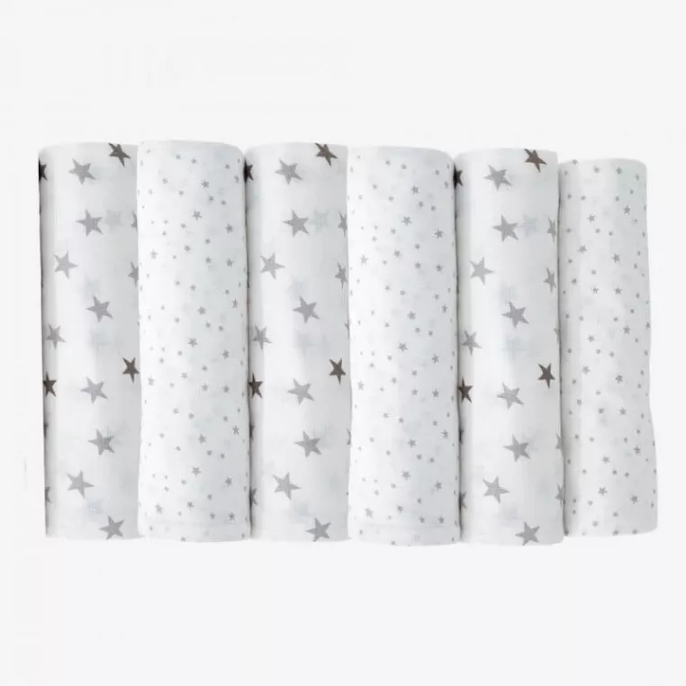 Trois Kilos Sept Lot de 6 Langes en Mousseline Etoiles